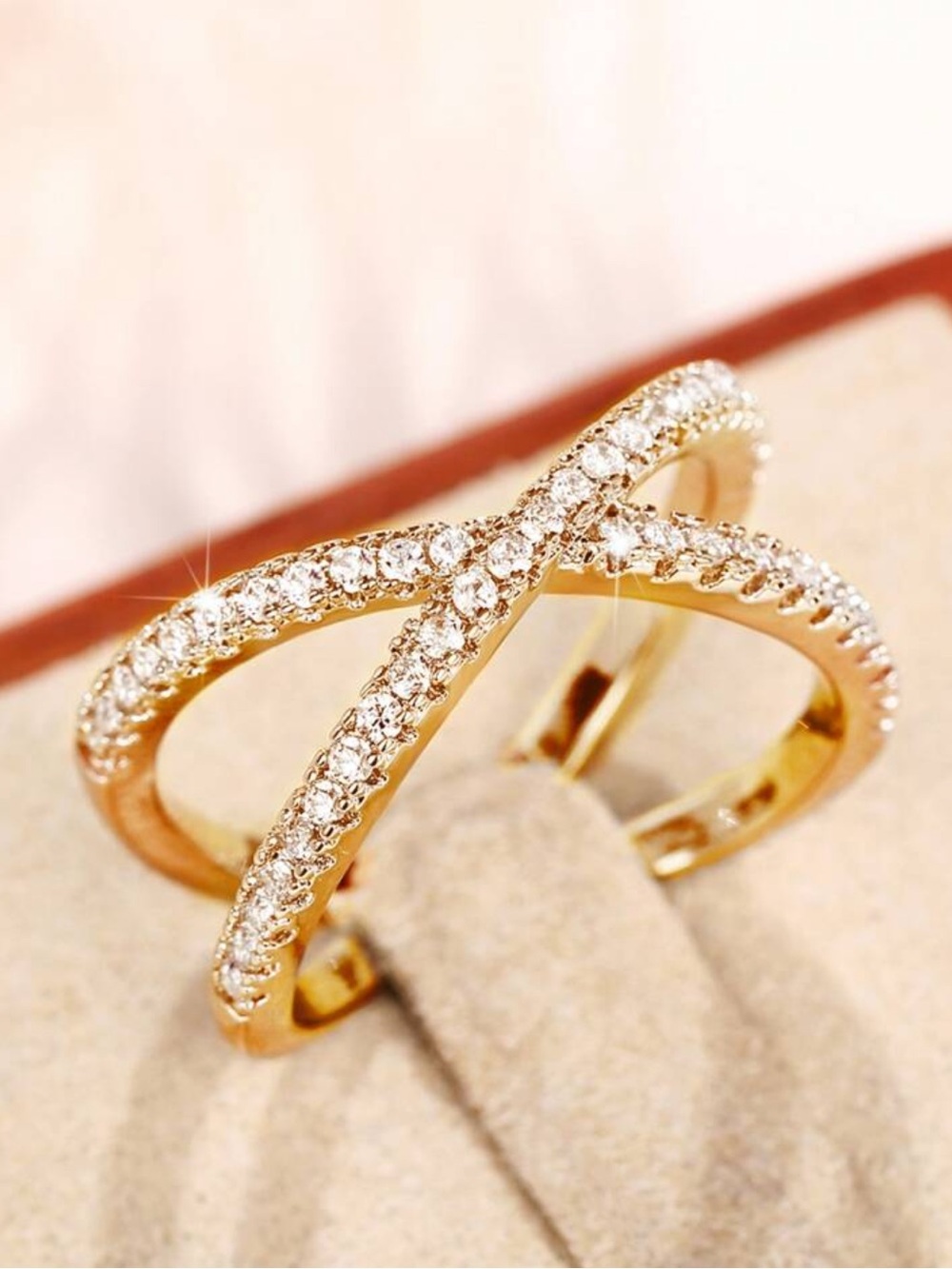 Sparkling Gold Crystal X-Design Ring